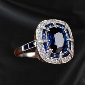 3.00Ct Cushion Cut Blue Sapphire & Diamond Ring , Vintage Art Deco Ring, Art Deco Vintage Jewellery, Wedding Anniversary Gift Ring For Women