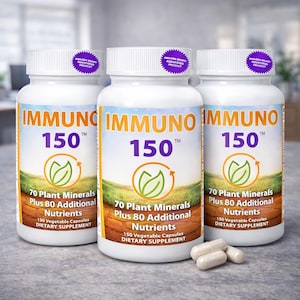 May include: Three white supplement bottles with the text "IMMUNO 150" and "70 Plant Minerals Plus 80 Additional Nutrients". The bottles have a landscape design and are labeled as dietary supplements. Several capsules are in front of the bottles.