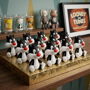 May include: A collection of small Sylvester the Cat figurines with black and white bodies and red noses, arranged on a gold-toned rectangular base. In the background, four Looney Tunes character glasses and two stylised figures sit on a shelf.