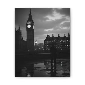 Moody Black & White Big Ben Canvas | Rainy London Photography Art | Vintage Cinematic Wall Decor | Reflective Urban Landscape