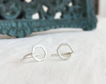 Mini hexagon threader earrings -  Small Sterling Silver hexagon earrings, Hand forged earrings, Hammered earrings, Sterling Silver