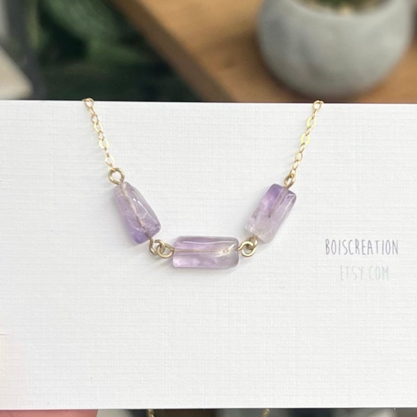 Lavender Amethyst necklace - Three rectangular natural amethyst, Light purple necklace, Dainty necklace, Gemstone necklace, 14k Gold Filled