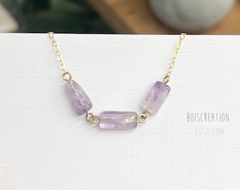 Lavender Amethyst necklace - Three rectangular natural amethyst, Light purple necklace, Dainty necklace, Gemstone necklace, 14k Gold Filled