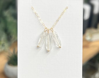 Three Natural Quartz Dangling necklace - Clear quartz charm necklace, Natural gemstone necklace, Dainty quartz necklace, 14k Gold Filled