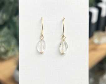 Natural Quartz on 14k Gold Filled earring hooks - Petite dangle earrings, Quartz drop earrings, Small oval earrings, Clear quartz earrings
