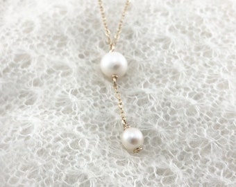 Dangling pearl necklace - Two pearl necklace, Gold pearl necklace, Pearl drop necklace, Double pearl necklace, 14k Gold Filled