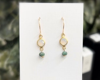 Natural Emerald with opalite in brass frame on 14k Gold Filled earring hooks - Emerald earrings, Drangle and drop earrings, Petite earrings