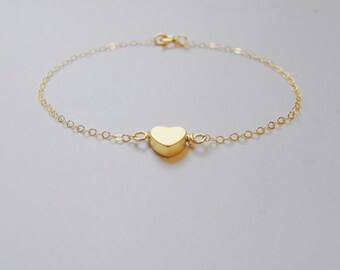 Je T ' aime  Sole heart bracelet - Small 14k gold plated puffed heart on a dainty 14k Gold Filled rolo chain
