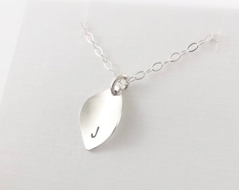 Small leaf initial necklace, Name necklace, Personalized necklace, Sterling silver