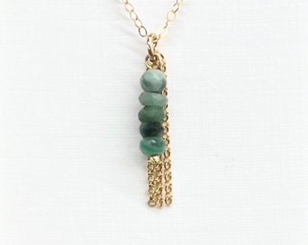 Natural Emerald Tassel necklace - Gold tassle necklace, Emerald necklace, Charm necklace, 14k Gold Filled