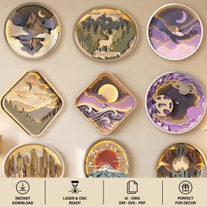 Puede incluir: Una colección de nueve diseños de arte mural de madera en capas con marcos circulares y de diamante. Las escenas incluyen montañas, un ciervo, una ballena, el espacio, un horizonte urbano y un atardecer. El texto inferior dice: INSTANT DOWNLOAD, LASER & CNC READY, AI - DWG DXF- SVG - PDF, PERFECT FOR DECOR.