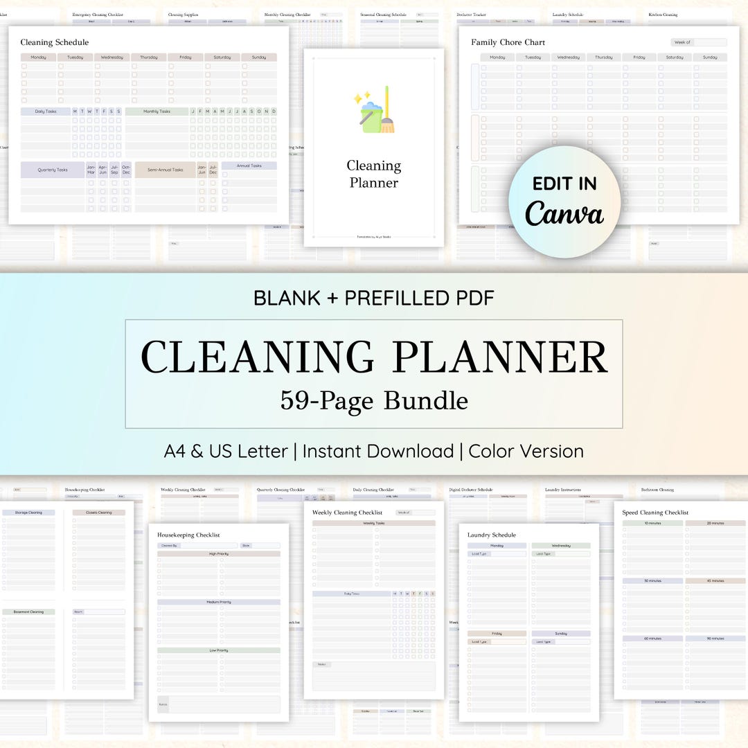 Cleaning Planner Bundle | Printable Editable PDF Canva Templates | ADHD ...