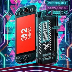 May include: A black Nintendo Switch console with a red screen displaying the Nintendo Switch logo. A black case with the word "BIOHAZARD" and a biohazard symbol is next to it. The image has a futuristic, digital theme.