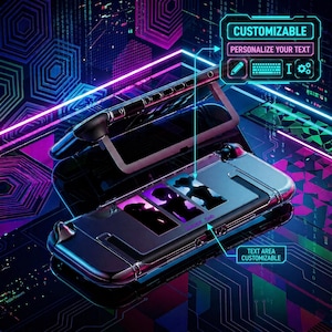 May include: A black and silver customizable gaming device with a stand, featuring the text "CUSTOMIZABLE" and "PERSONALIZE YOUR TEXT". The device has a sleek design with a text area that is customizable.