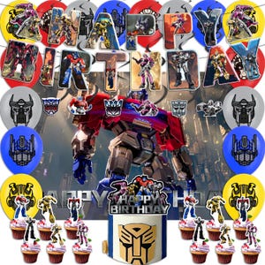 May include: A birthday party scene featuring a cake, cupcakes, and balloons with a Transformers theme. The cake is decorated with a gold emblem and a "Happy Birthday" topper. Balloons and cupcake toppers feature various Transformers characters. The backdrop includes a cityscape.