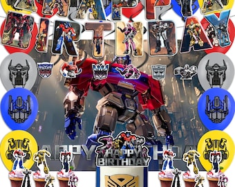 May include: A birthday party set with a Transformers theme, including a cake, cupcakes, and balloons. The cake has a gold emblem and a "Happy Birthday" topper. Balloons and cupcake toppers feature various Transformers characters. The backdrop includes a cityscape.