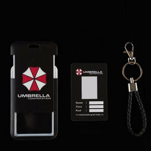 Black Umbrella badge holder set with inner ID card and black leather wrist strap, work badge cover for Etsy.