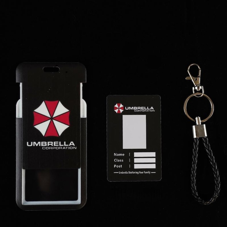 Black Umbrella badge holder set with inner ID card and black leather wrist strap, work badge cover for Etsy.