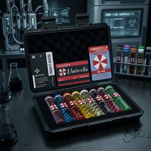May include: A black briefcase with the Umbrella Corporation logo contains vials of colored liquid. The briefcase also holds a parking permit, a priority access card, and a master key card. Test tubes with colored liquids are in the background.