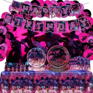 Kpop Birthday Decoration Set | Banner, Cake Toppers, Balloons, Plates, Napkins, Backdrop, Tableware & Swirls
