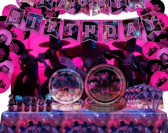 Kpop Birthday Decoration Set | Banner, Cake Toppers, Balloons, Plates, Napkins, Backdrop, Tableware & Swirls