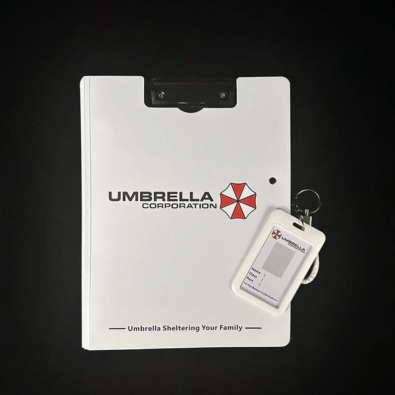 White Umbrella folder with badge holder and strap, themed document clipboard and work ID holder for fans.