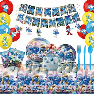 May include: A Smurfs-themed birthday party set with balloons, plates, a cake, and decorations. The set includes blue, yellow, and red balloons, a banner that says "Happy Birthday", and various Smurf figurines. The cake is decorated with Smurf characters.