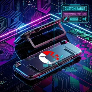 May include: A black and clear phone case with a stand, featuring a red and white graphic and the text "Deer Isle." The case has the text "CUSTOMIZABLE" and "PERSONALIZE YOUR TEXT" with icons for customization.