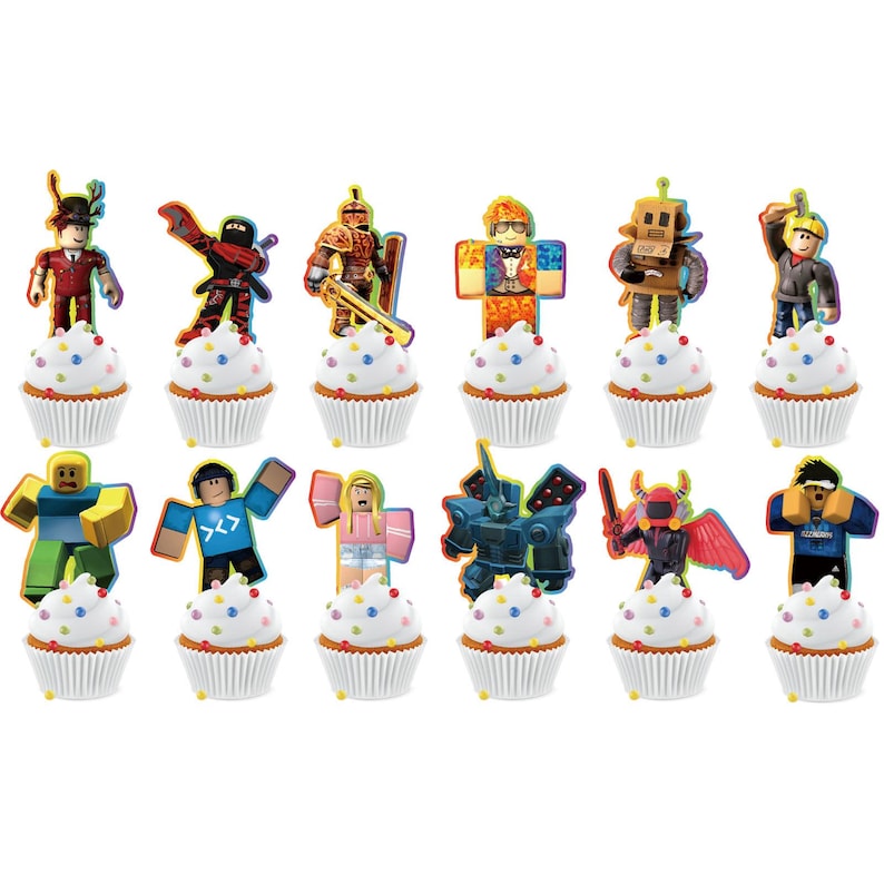 Roblox character cupcake toppers with colorful designs for party decoration
