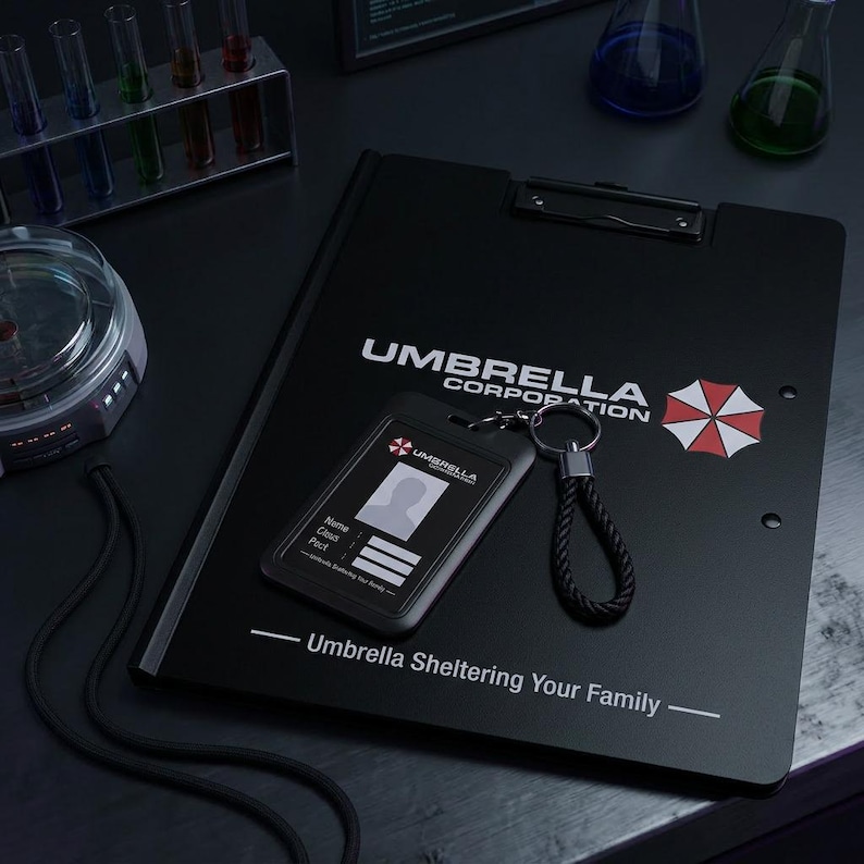 Black Umbrella clipboard folder with badge holder and black strap, Resident Evil inspired work ID set for Etsy.