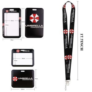 Size chart for Umbrella Corporation ID holders and lanyard length 17.71 inches, vertical and horizontal cases.