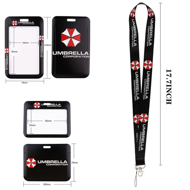 Size chart for Umbrella Corporation ID holders and lanyard length 17.71 inches, vertical and horizontal cases.