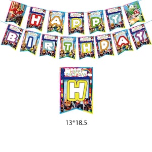 Colorful Roblox birthday banner with characters and letters on party flags