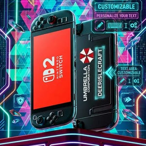 Nintendo Switch 2 Case Umbrella Logo, Personalized Name Text, Clear Black Blue Pink Gradient Protective Shell, Gamer Gift