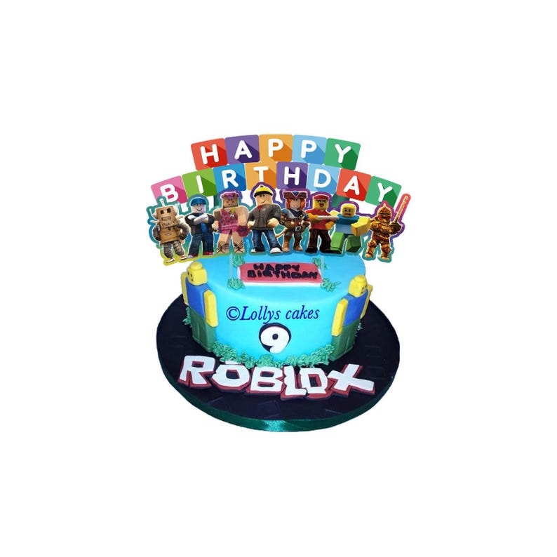 Roblox cake topper featuring characters and happy birthday letters on blue birthday cake