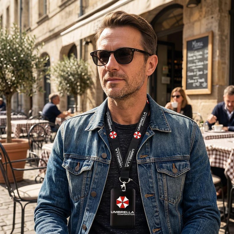 Man wearing Umbrella Corporation lanyard and black badge holder, employee ID card case for work or events.