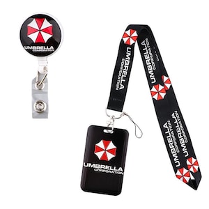 Umbrella badge reel and matching lanyard with black ID holder, fan inspired keycard badge accessories set.
