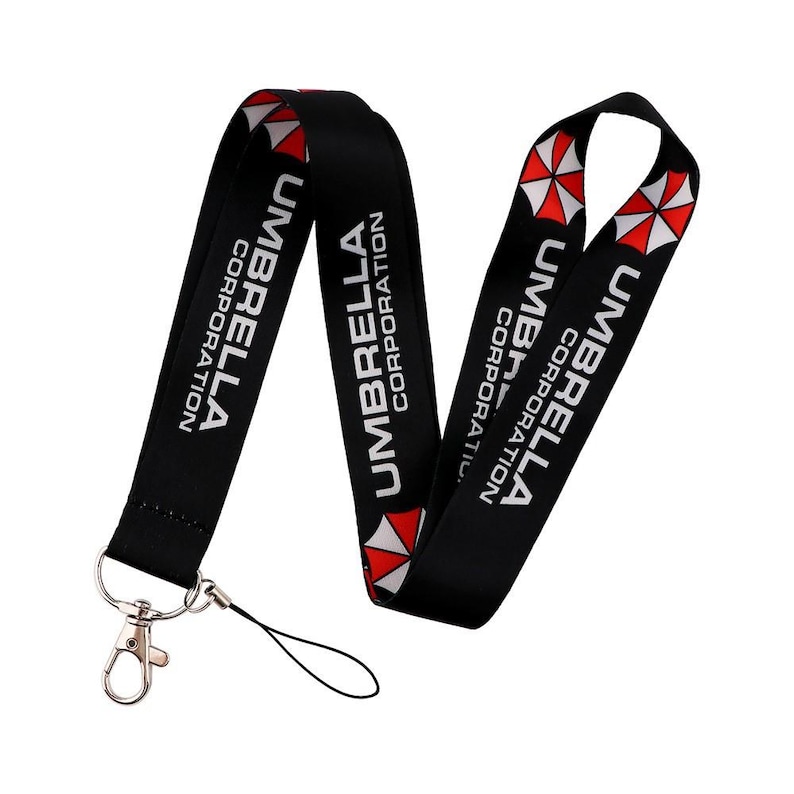 Black Umbrella Corporation lanyard with lobster clasp, keychain and badge strap for ID cards and keys.