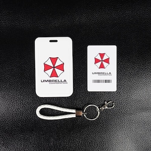 White Umbrella badge holder with inner ID card and white leather wrist strap, employee ID cover for cosplay.