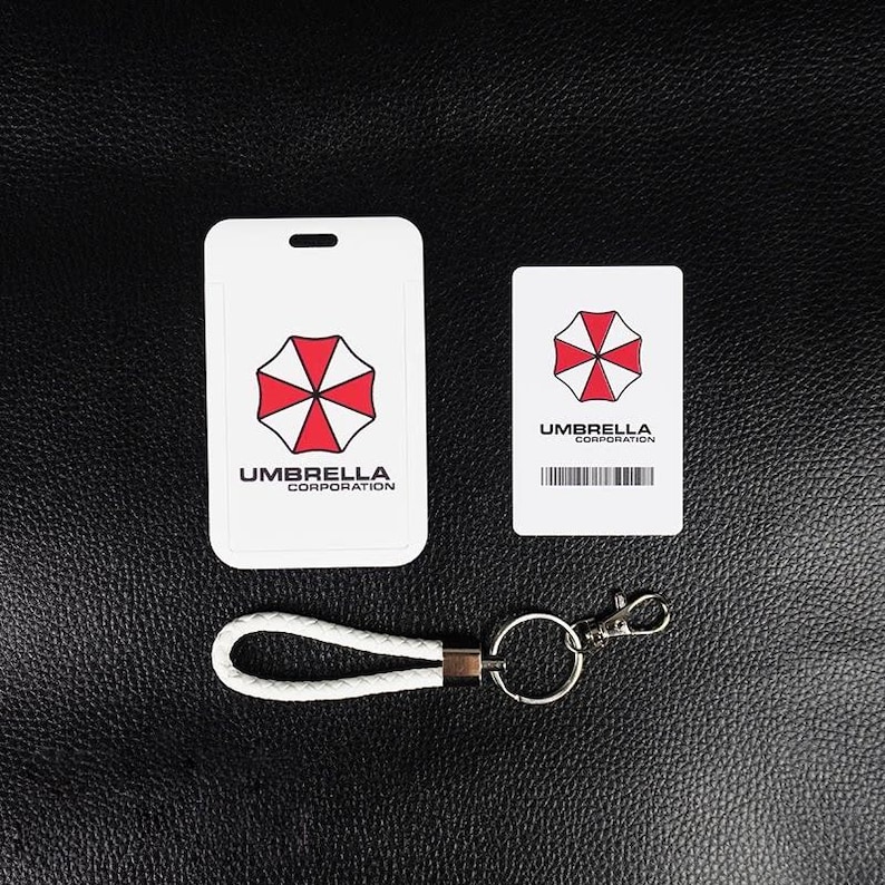 White Umbrella badge holder with inner ID card and white leather wrist strap, employee ID cover for cosplay.