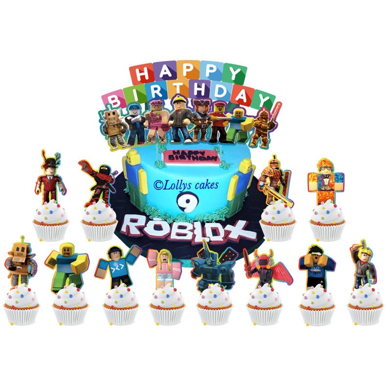 Roblox character cake topper and 12 cupcake picks for kids gamer birthday party
