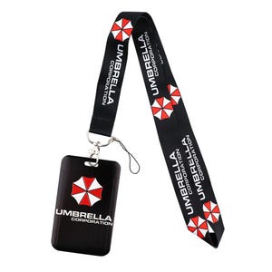 Vertical Umbrella Corporation ID badge holder with black lanyard, hard case card protector for keycard access.