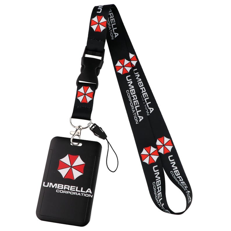 Umbrella Corporation lanyard with vertical ID holder and buckle, black strap for work badge and door access card.