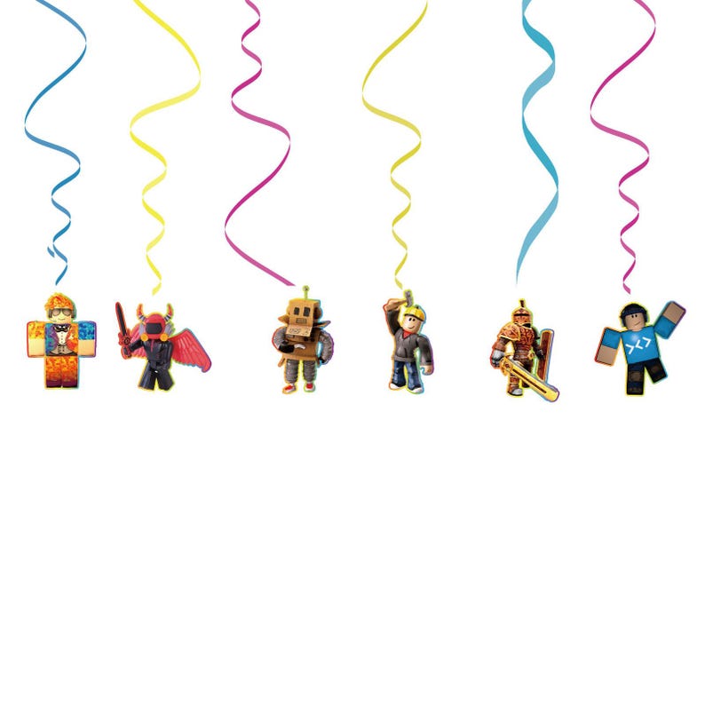Roblox character hanging swirl decorations with colorful ribbons for ceiling decor