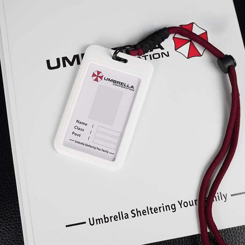 White Umbrella badge holder with red rope strap on white folder, employee ID holder for fans and cosplay.