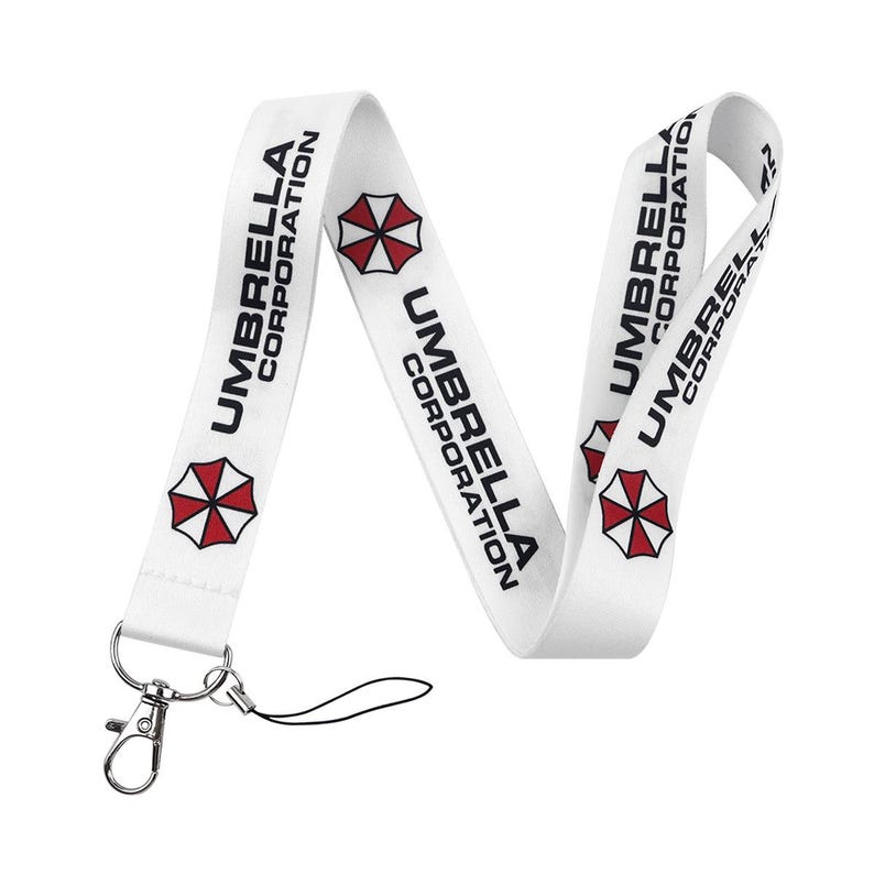 White Umbrella Corporation lanyard with metal clasp, red white logo strap for keys, ID badges and keycards.