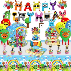 May include: A colorful birthday party set featuring balloons, plates, cupcakes, and a cake. The decorations include the words "HAPPY BIRTHDAY" in a playful font, along with cartoon characters and a rainbow theme.