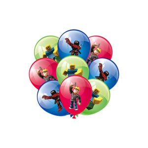 20 pack Roblox balloons with characters in red, blue, green colors for birthday party