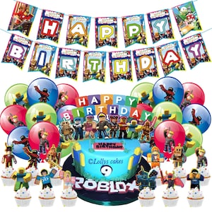 Complete Roblox party supplies with balloons, banner, cake and cupcake decorations
