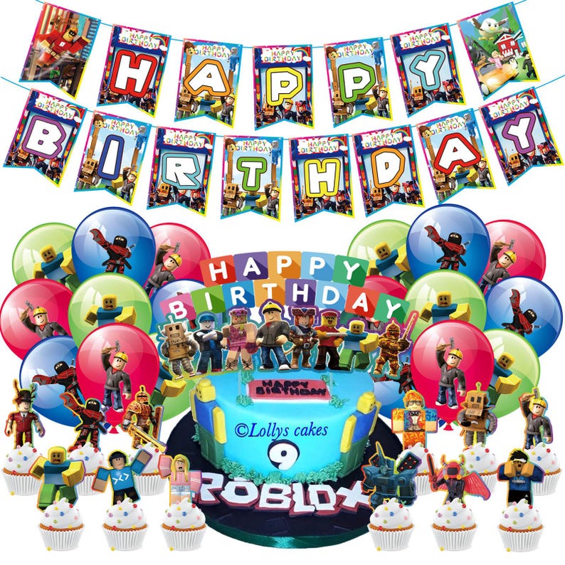 Complete Roblox party supplies with balloons, banner, cake and cupcake decorations